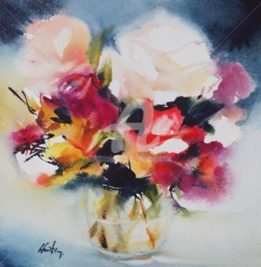 Painting titled "bouquet de fleurs L…" by Olivia Quintin, Original Artwork, Watercolor