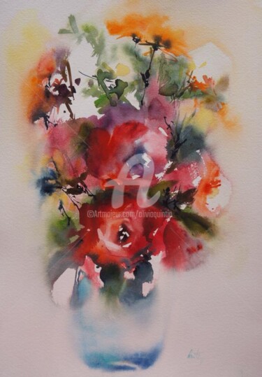 Painting titled "Roses et porcelaine" by Olivia Quintin, Original Artwork, Watercolor