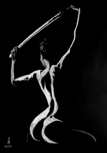 Tekening getiteld "Yakuza" door Olivier Artz, Origineel Kunstwerk, Potlood Gemonteerd op Aluminium