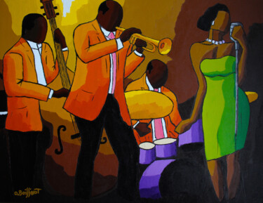 Painting titled "jazz chanteuse robe…" by Olivier Boissinot, Original Artwork, Oil Mounted on Wood Stretcher frame