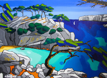 Painting titled "calanque de Sugiton" by Olivier Boissinot, Original Artwork, Oil Mounted on Wood Stretcher frame