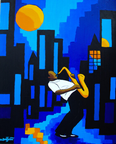 Painting titled "Jazz Nuit bleue" by Olivier Boissinot, Original Artwork, Oil Mounted on Wood Stretcher frame