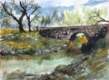 Peinture intitulée "Le petit pont" par Olivier Brisson, Œuvre d'art originale, Aquarelle Monté sur Verre