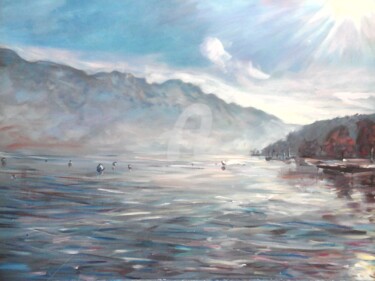 Painting titled "Lac d'Annecy ensole…" by Olivier Broquet, Original Artwork, Acrylic Mounted on Wood Stretcher frame
