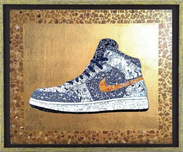 Collages getiteld "Nike Air Jordan" door Olivier De Tullasky, Origineel Kunstwerk, Collages Gemonteerd op Houten paneel