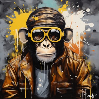 「The Monkeys - 234」というタイトルの絵画 Olivier De Tullaskyによって, オリジナルのアートワーク, アクリル ウッドパネルにマウント