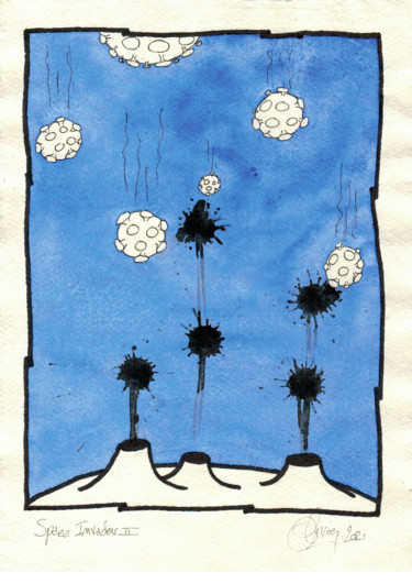 Painting titled "Space Invaders II" by Olivier Delacuvellerie, Original Artwork, Watercolor