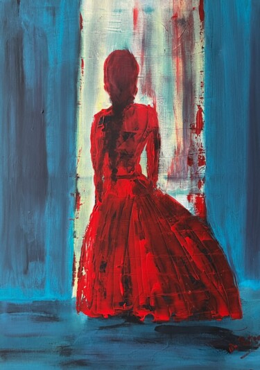 Painting titled "Femme en rouge atte…" by Olivier De Pooter, Original Artwork, Acrylic