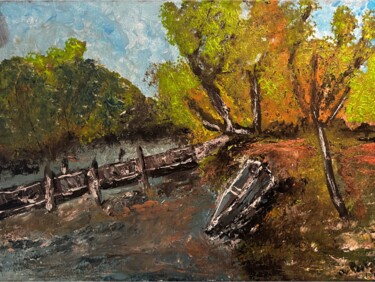 Peinture intitulée "La barque au bord d…" par Olivier De Pooter, Œuvre d'art originale, Acrylique