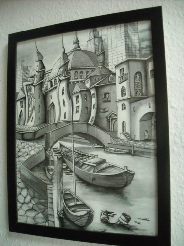 Drawing titled "VENISE COULE" by Olivier Feron, Original Artwork, Ink