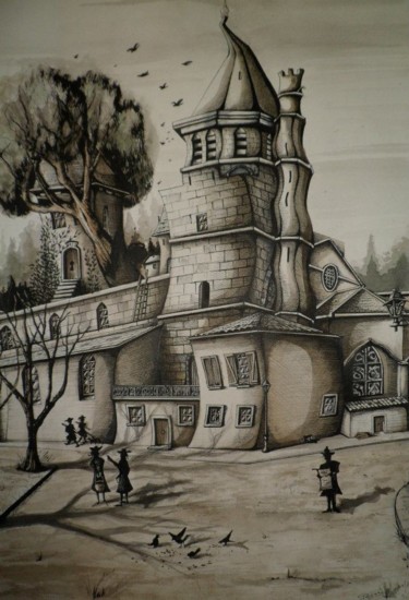 Drawing titled "église de la madele…" by Olivier Feron, Original Artwork, Ink