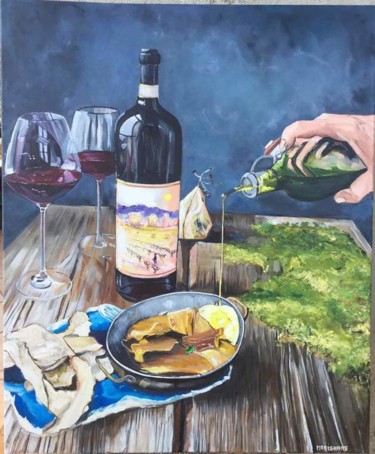 Painting titled "l art de la table" by Olivier Gouin, Original Artwork, Oil Mounted on Wood Stretcher frame