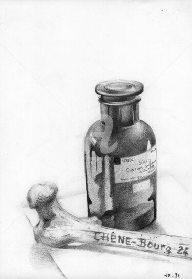 Dessin intitulée "Bouteille et son os" par Olivier Junod, Œuvre d'art originale, Crayon