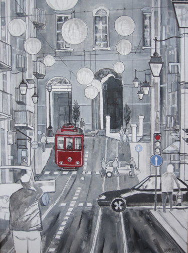 Peinture intitulée "tableau tram rouge" par Olivier Laplace, Œuvre d'art originale