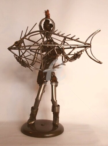 Sculpture intitulée "L'enfant au poisson" par Olivier Lecourtois, Œuvre d'art originale, Métaux
