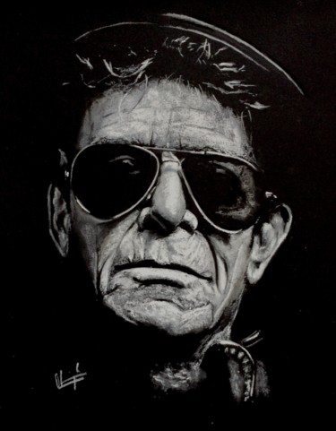 「Lou Reed」というタイトルの描画 Olivier Pringalによって, オリジナルのアートワーク, パステル ガラスにマウント