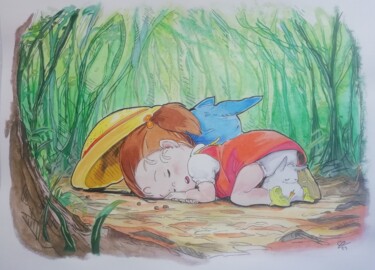 Dessin intitulée "Mon voisin Totoro" par Olivier Valèry, Œuvre d'art originale, Aquarelle Monté sur Châssis en bois
