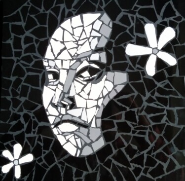 visage et fleurs Sculpture intitulée "visage et fleurs" par Olivier Vallée, Œuvre d'art originale, Mosaïque