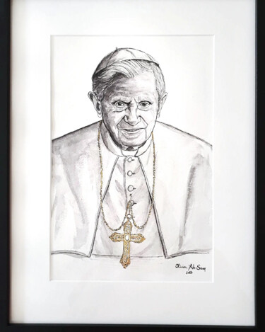 Schilderij getiteld "Benedict XVI" door Olivier Ah-Sam, Origineel Kunstwerk, Aquarel