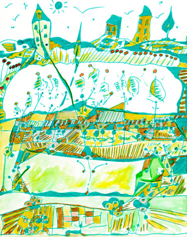 Dibujo titulada "Paysage Marin" por Olivier Dayot, Obra de arte original, Pastel