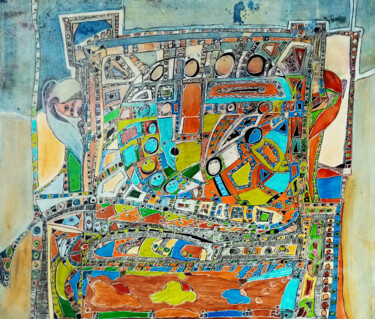 Malerei mit dem Titel "Vue sur ville 2" von Olivier Dayot, Original-Kunstwerk, Acryl