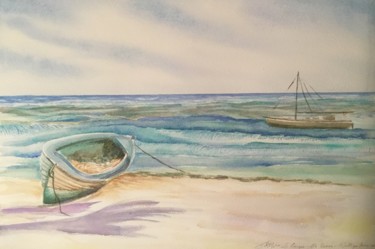 Malerei mit dem Titel "La Barque-Île Saona…" von Olivier Follin, Original-Kunstwerk, Aquarell