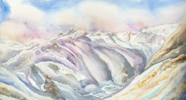 Painting titled "Les sommets enneigé…" by Olivier Follin, Original Artwork, Watercolor