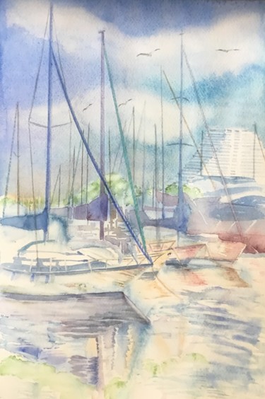 Painting titled "Marina Baie des Ang…" by Olivier Follin, Original Artwork, Watercolor