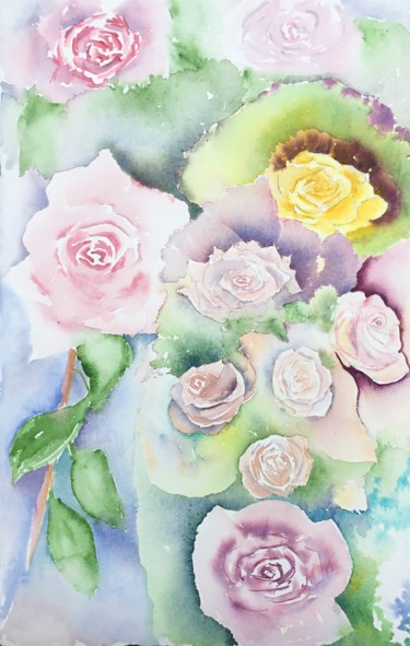 Malerei mit dem Titel "Esquisse de roses.j…" von Olivier Follin, Original-Kunstwerk, Aquarell