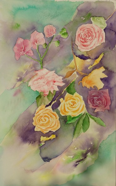 Malerei mit dem Titel "Composition Florale" von Olivier Follin, Original-Kunstwerk, Aquarell