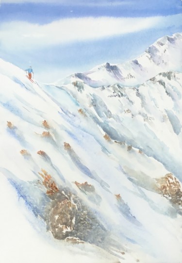 Peinture intitulée "Ski extrême.jpeg" par Olivier Follin, Œuvre d'art originale, Aquarelle