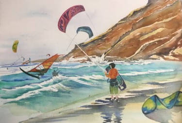 Pintura intitulada "Fun et kitesurf" por Olivier Follin, Obras de arte originais, Aquarela