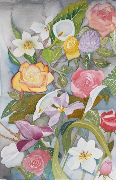 Bouquet floral Peinture intitulée "Bouquet floral" par Olivier Follin, Œuvre d'art originale, Aquarelle