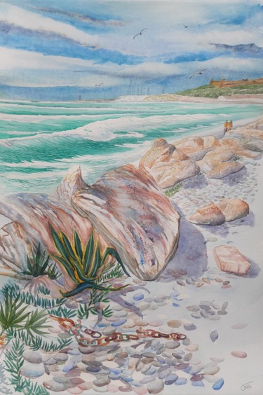 Pintura intitulada "La plage du bord de…" por Olivier Follin, Obras de arte originais, Aquarela