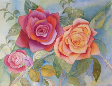 Pintura titulada "Tiges et Roses" por Olivier Follin, Obra de arte original, Acuarela