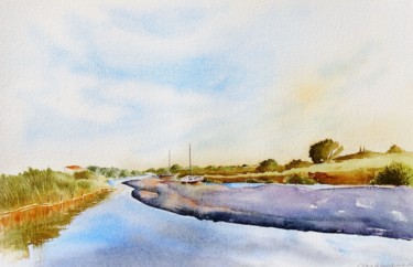 Painting titled "L'Etang de Leucate.…" by Olivier Follin, Original Artwork, Watercolor