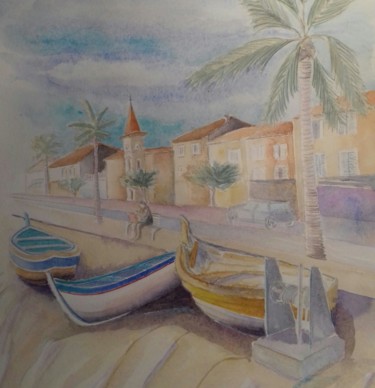 Les Pointus et L'Eglise du Cros de Cagnes.jpg Peinture intitulée "Les Pointus et L'Eg…" par Olivier Follin, Œuvre d'art originale, Aquarelle