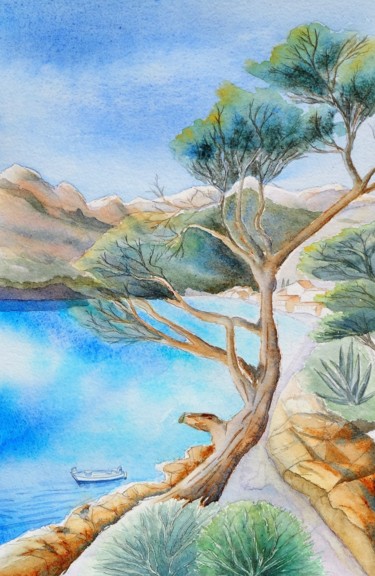 Painting titled "Le pin des calanque…" by Olivier Follin, Original Artwork, Watercolor
