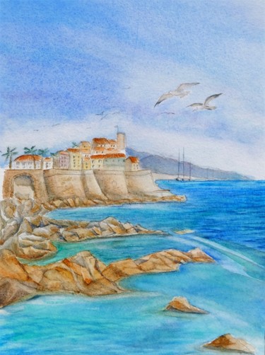 Painting titled "Le Vieil Antibes et…" by Olivier Follin, Original Artwork, Watercolor