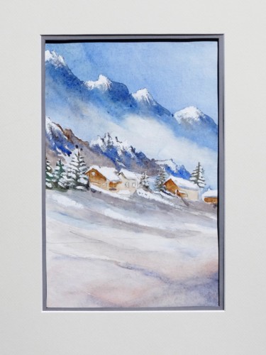 Painting titled "Chalets en montagne…" by Olivier Follin, Original Artwork, Watercolor