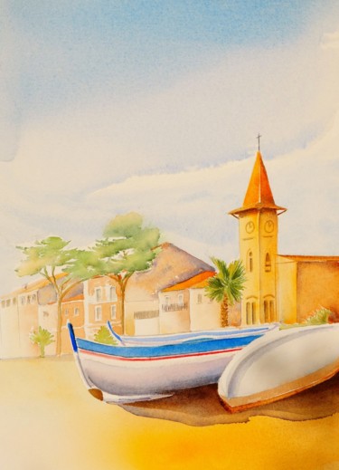 Peinture intitulée "L'Eglise du Cros de…" par Olivier Follin, Œuvre d'art originale, Aquarelle
