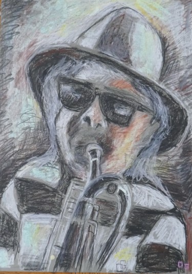 Dessin intitulée "le musicien au chap…" par Olivier Gourion, Œuvre d'art originale, Crayon