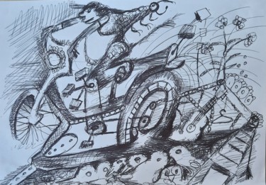 Drawing titled "Le motard" by Olivier Gourion, Original Artwork, Ballpoint pen