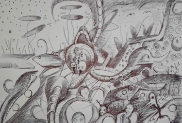 Drawing titled "Le monde des oiseaux" by Olivier Gourion, Original Artwork, Ballpoint pen