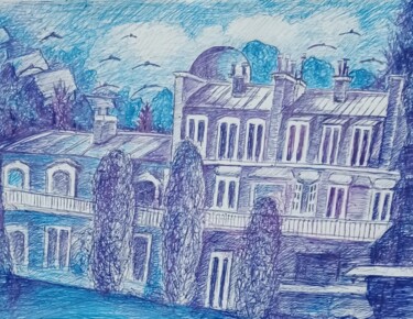 Disegno intitolato "Vue d un cafe" da Olivier Gourion, Opera d'arte originale, Biro