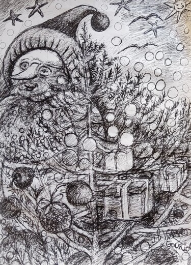 Drawing titled "Les cadeaux de noel" by Olivier Gourion, Original Artwork, Ballpoint pen