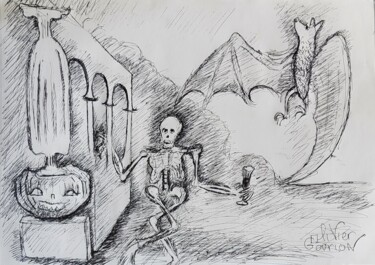 Рисунок под названием "le squelette  te re…" - Olivier Gourion, Подлинное произведение искусства, Шариковая ручка