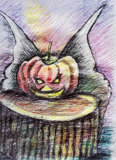 Рисунок под названием "pour halloween" - Olivier Gourion, Подлинное произведение искусства, Шариковая ручка