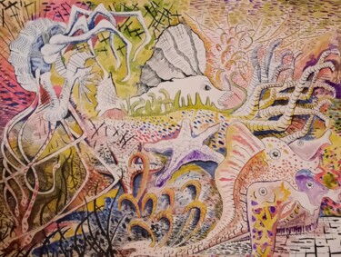 Desenho intitulada "un royaume dorée" por Olivier Gourion, Obras de arte originais, Tinta