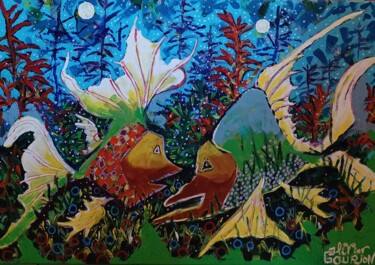 Pintura intitulada "Un amour de poissons" por Olivier Gourion, Obras de arte originais, Acrílico